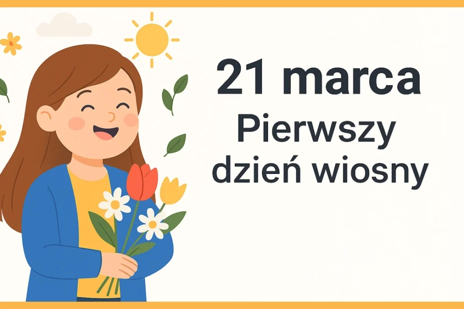 Ilustracja dziewczynki z wiosennymi kwiatami – 21 marca, pierwszy dzień wiosny.