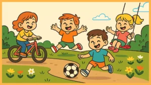 Ilustracja dzieci bawiących się na świeżym powietrzu – piłka, hulajnoga, latawiec.