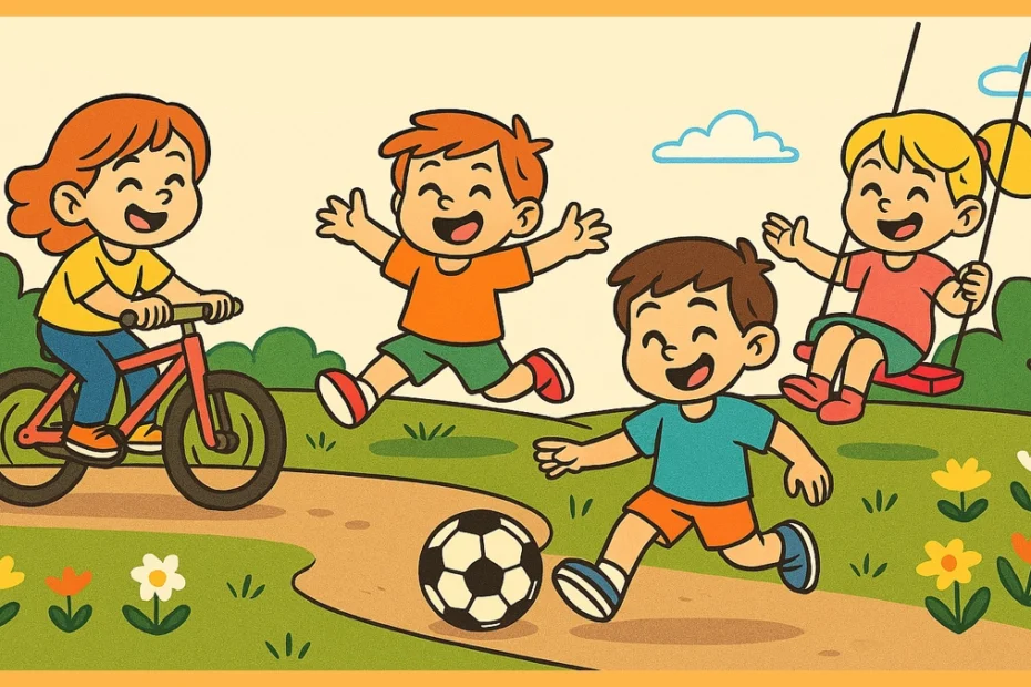 Ilustracja dzieci bawiących się na świeżym powietrzu – piłka, hulajnoga, latawiec.