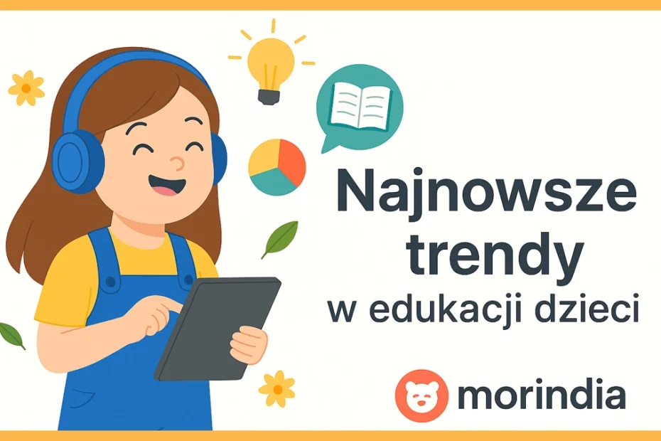 Ilustracja dziewczynki z tabletem i ikonami edukacyjnymi – Najnowsze trendy w edukacji dzieci.