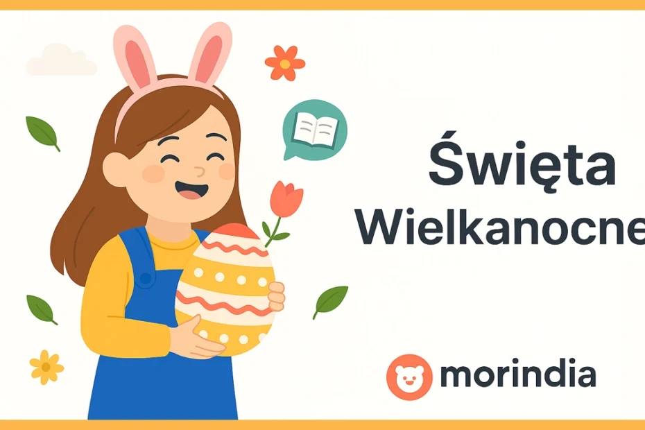 Ilustracja dziewczynki z pisanką i króliczymi uszami – Święta Wielkanocne!