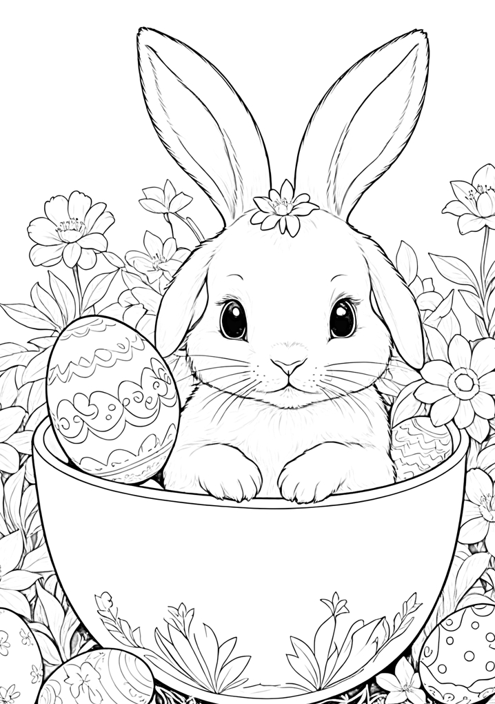 Darmowa kolorowanka na Wielkanoc do druku, przedstawiająca wesołe symbole świąt – pisanki, zajączki i kurczaczki, gotowe do kolorowania przez dzieci.