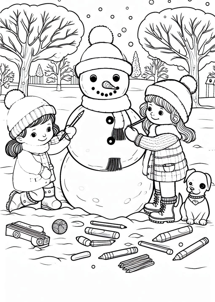 Czarno-biały rysunek przedstawiający zimowy krajobraz do pokolorowania – ośnieżone drzewa, dzieci bawiące się w śniegu, bałwan oraz zimowe akcesoria, takie jak sanki i łyżwy. Idealna sceneria do samodzielnego wypełnienia kolorami.