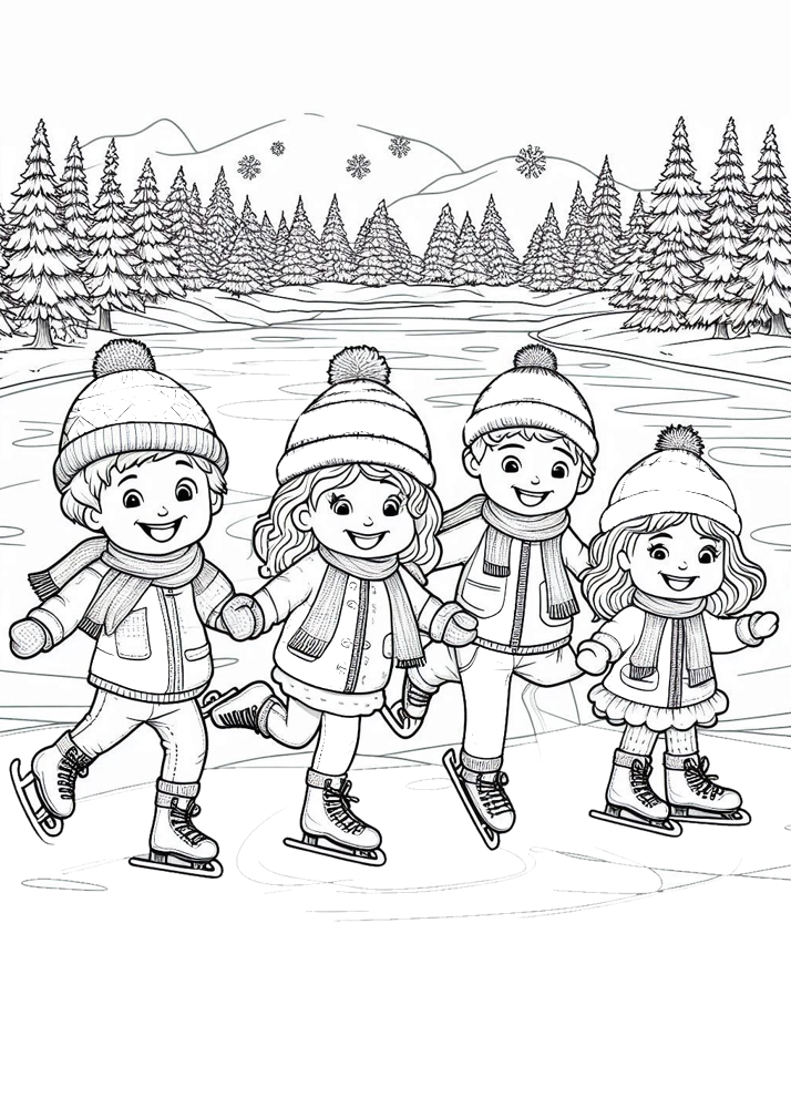 Czarno-biały rysunek przedstawiający zimowy krajobraz do pokolorowania – ośnieżone drzewa, dzieci bawiące się w śniegu, bałwan oraz zimowe akcesoria, takie jak sanki i łyżwy. Idealna sceneria do samodzielnego wypełnienia kolorami.