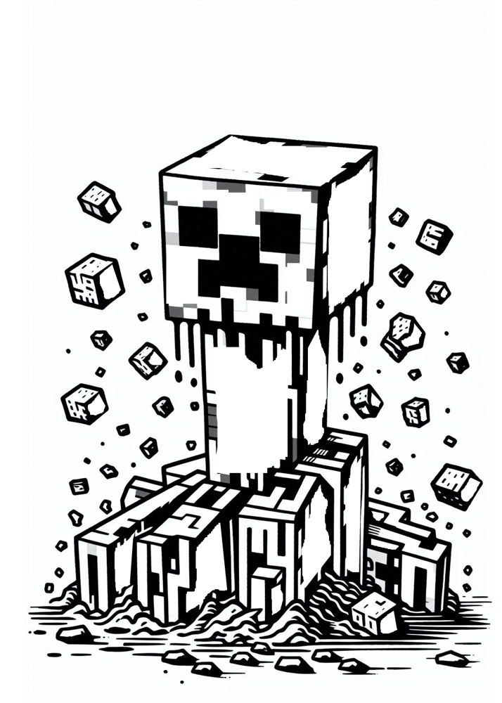 Kolorowanka przedstawiająca świat Minecrafta – dom z klocków, drzewa, góry, postacie oraz pojazdy.