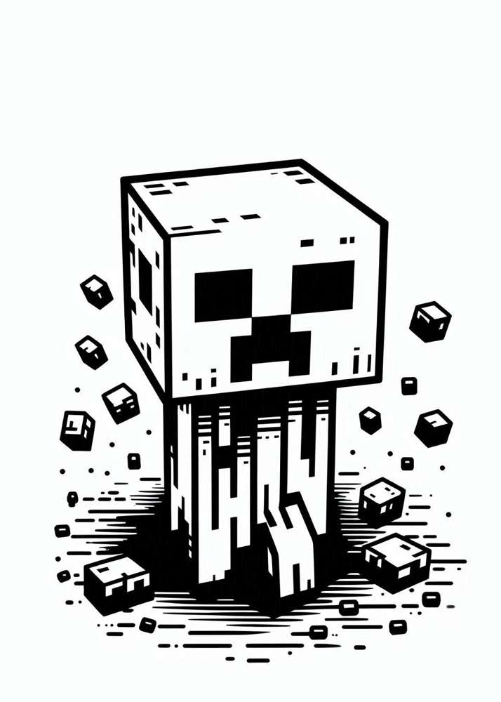 Kolorowanka przedstawiająca świat Minecrafta – dom z klocków, drzewa, góry, postacie oraz pojazdy.