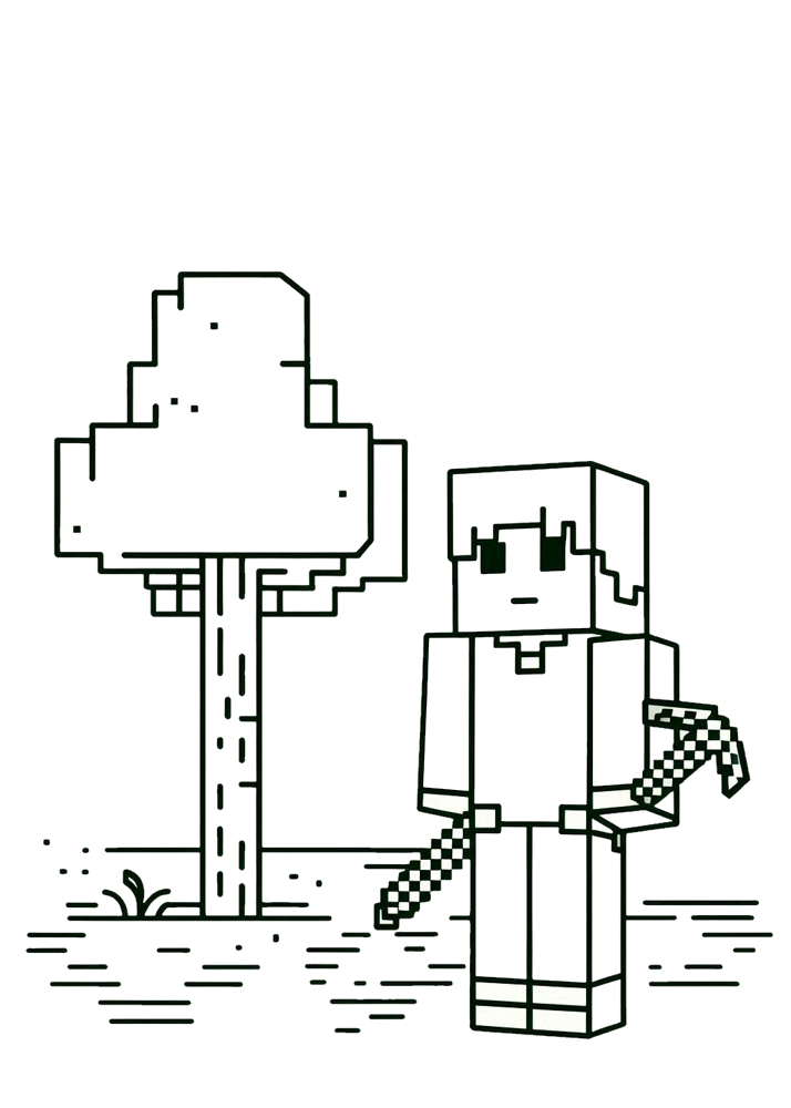 Kolorowanka w stylu Minecraft, przedstawiający blokowe postacie, pojazdy, zwierzęta lub krajobrazy. Obrazek zawiera jedynie kontury i krawędzie, bez wypełnień ani kolorów, idealny jako kolorowanka dla dzieci.