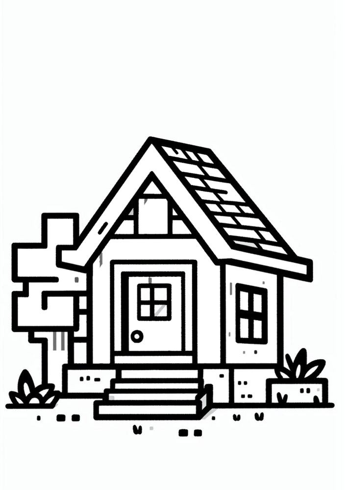 Kolorowanka w stylu Minecraft, przedstawiający blokowe postacie, pojazdy, zwierzęta lub krajobrazy. Obrazek zawiera jedynie kontury i krawędzie, bez wypełnień ani kolorów, idealny jako kolorowanka dla dzieci.