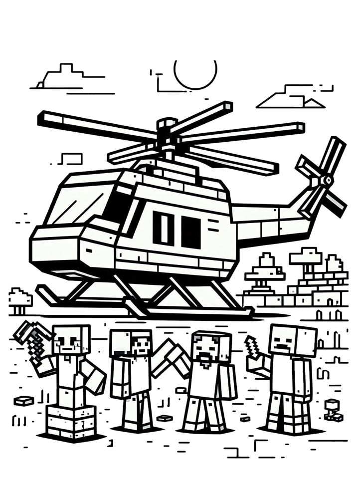 Kolorowanka w stylu Minecraft, przedstawiający blokowe postacie, pojazdy, zwierzęta lub krajobrazy. Obrazek zawiera jedynie kontury i krawędzie, bez wypełnień ani kolorów, idealny jako kolorowanka dla dzieci.