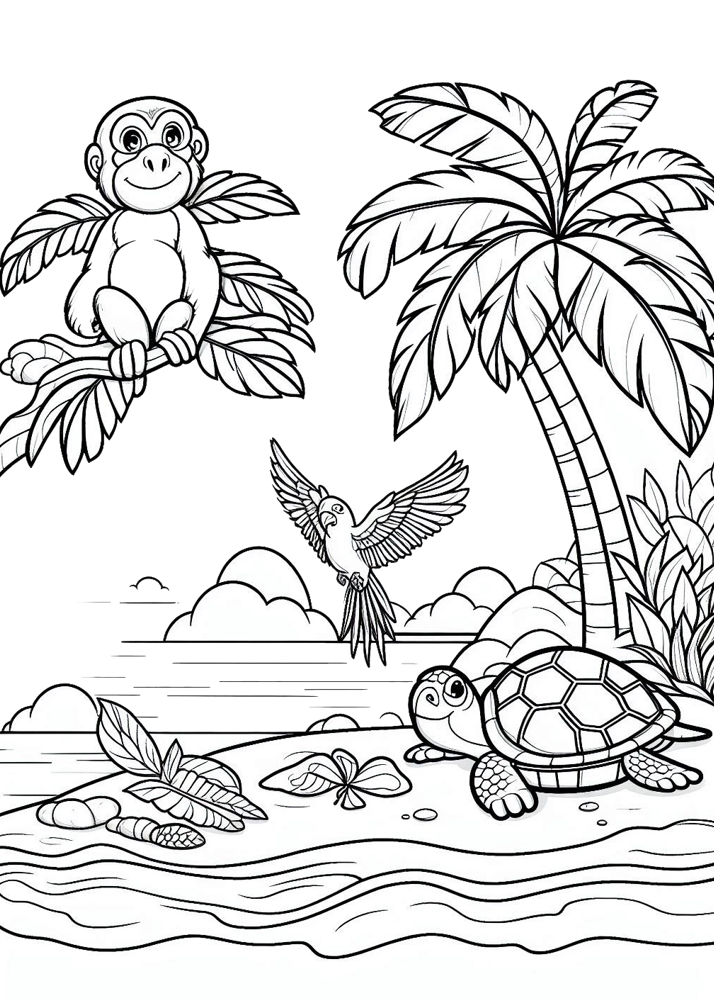 Kolorowanki do wydruku ze zwierzętami. Na kolorowance mamy piękną wyspę na której przechadza się żółw w towarzystwie papugi i małpki.
