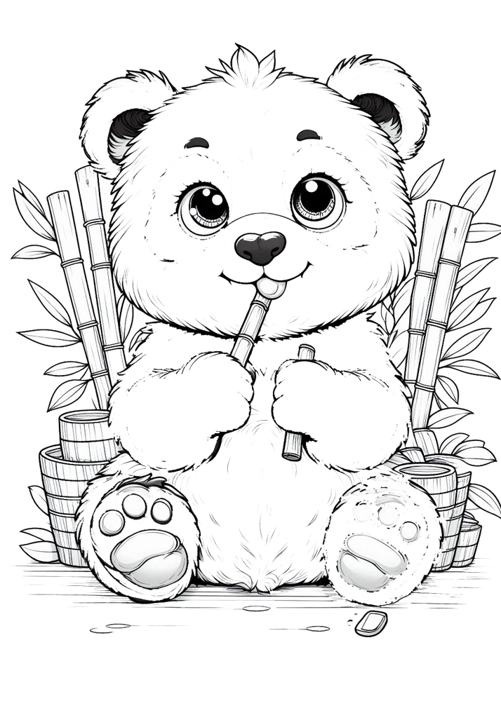 Kolorowanki do wydruku ze zwierzętami. Ta kolorowanka przedstawia pandę odpoczywającą i zajadającą przekąski.