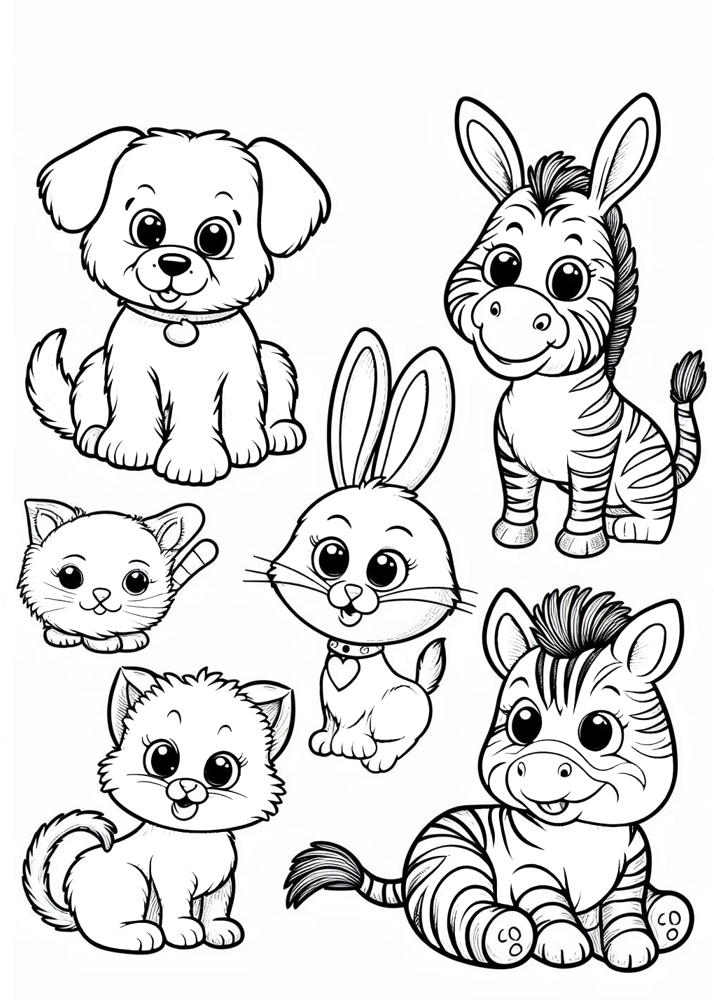 Kolorowanki do wydruku ze zwierzętami. Ta kolorowanka przedstawia zwierzątka, pieska kotka, króliczka zebrę.