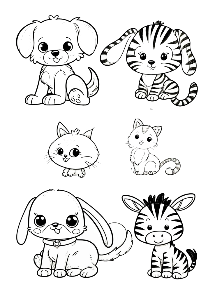 Kolorowanki do wydruku ze zwierzętami. Ta kolorowanka przedstawia zwierzątka, pieski, zebry oraz kotki.