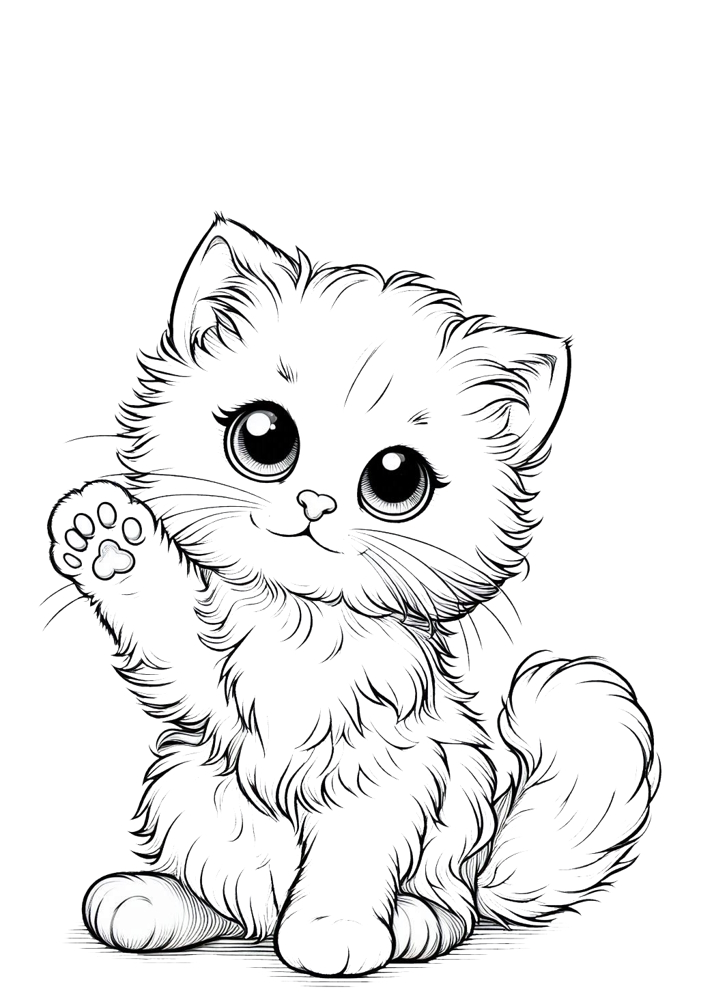 Kolorowanki do wydruku ze zwierzętami. Ta kolorowanka przedstawia słodkiego kotka, który macha do nas łapką.