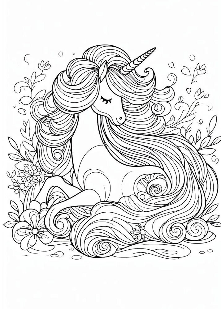 Jednorożec z piękną grzywą leżący na ziemi – kolorowanka dla dzieci do druku