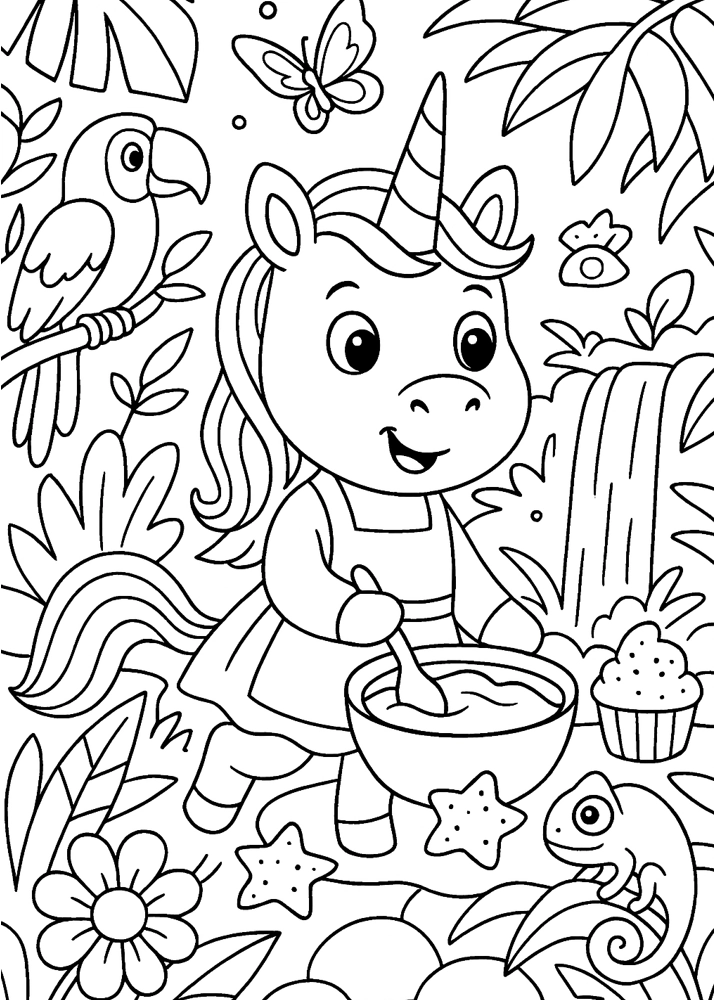 Jednorożec piekący ciasteczka w dżungli – kolorowanka do druku z wodospadem w tle