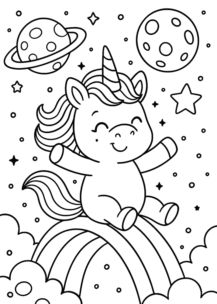 Jednorożec zjeżdżający po tęczy z planetami i Saturnem w tle – kosmiczna kolorowanka do druku