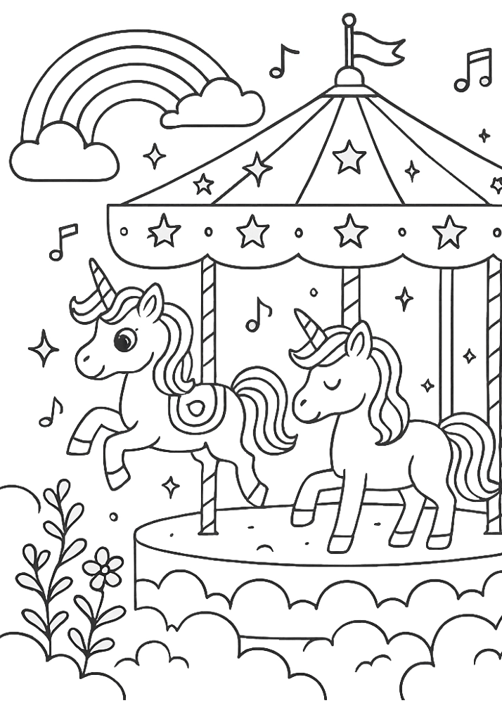 Karuzela z jednorożcami – kolorowanka do druku dla dzieci z bajkowym motywem wesołego miasteczka