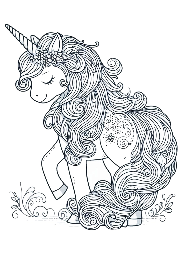 Jednorożec z długą grzywą maszerujący z dumą – kolorowanka do druku dla dzieci