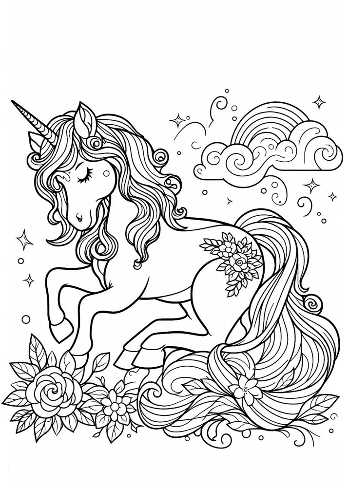 Jednorożec przygotowujący się do skoku z bujnym ogonem – kolorowanka do wydrukowania