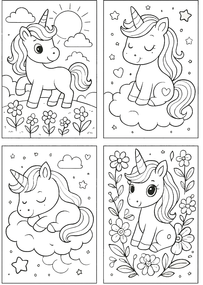 Kolorowanka 4w1 z jednorożcami – maszerujący, śpiący i siedzący jednorożec na chmurce i wśród kwiatów