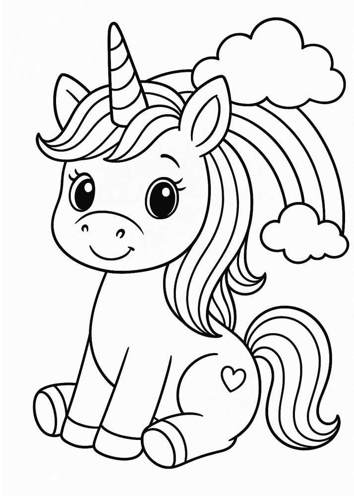 Sympatyczny jednorożec z tęczą w tle – kolorowanka do druku dla dzieci