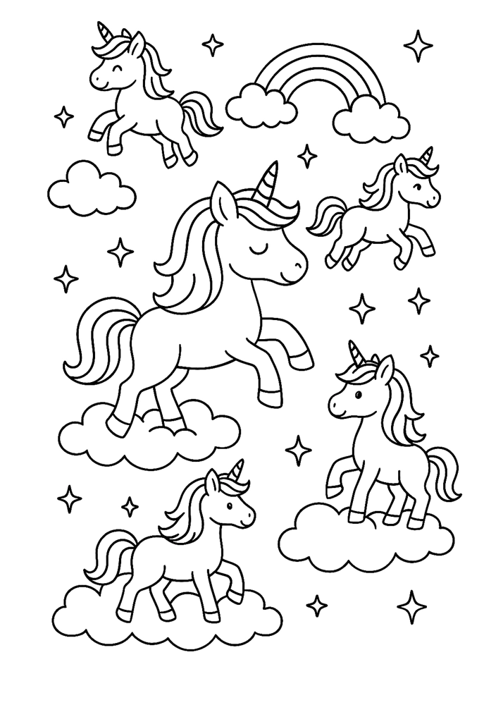 Pięciu jednorożców wśród chmur, gwiazd i tęczy – bajkowa kolorowanka do druku dla dzieci