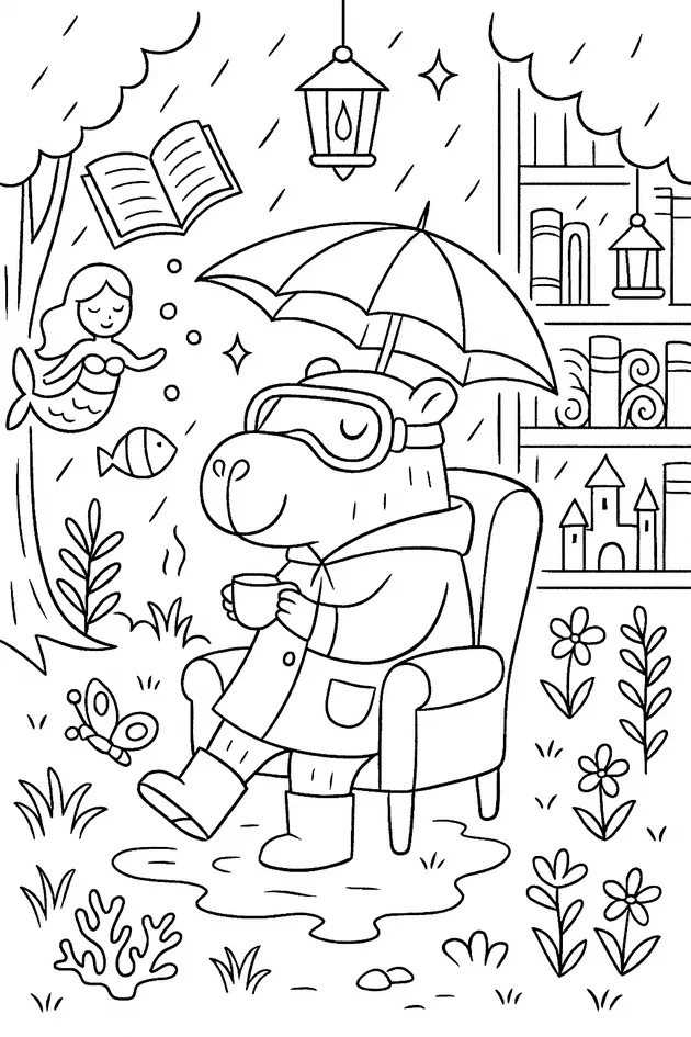 Kapibara siedzi na fotelu i popija herbatkę