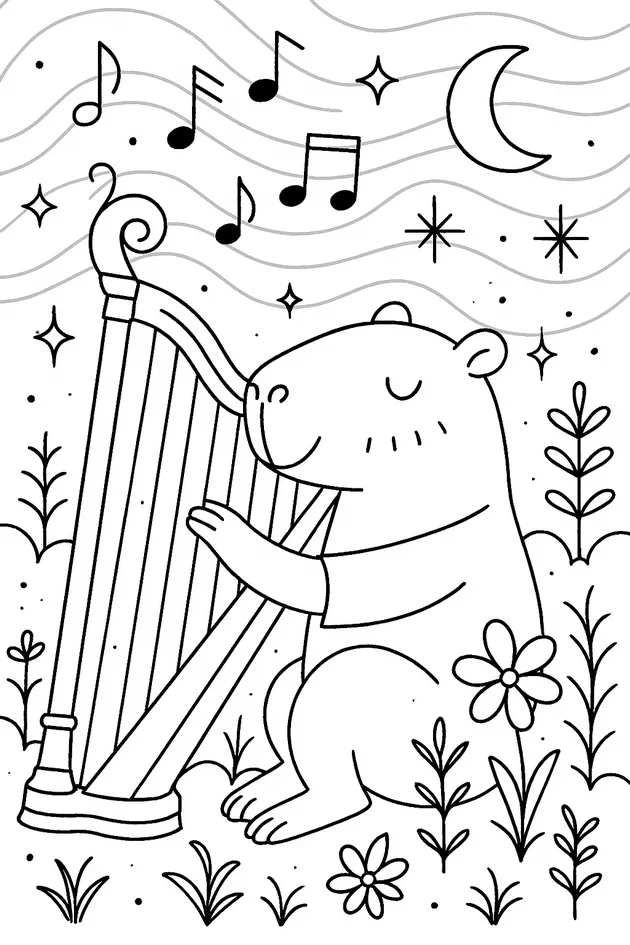 Kapibara gra na harfie w magicznym świecie.