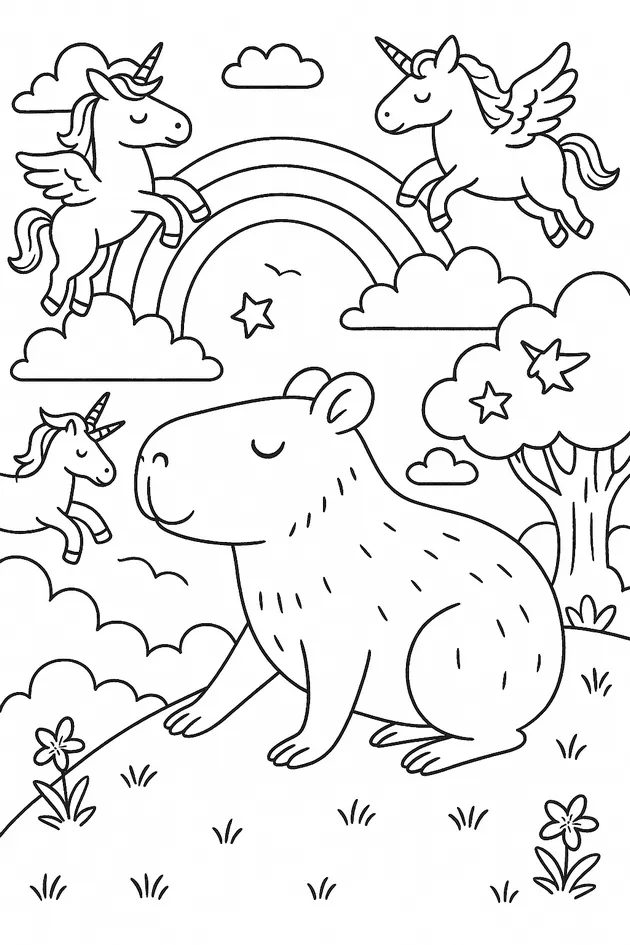 Kapibara na wzgórzu z tęczą i jednorożcami.