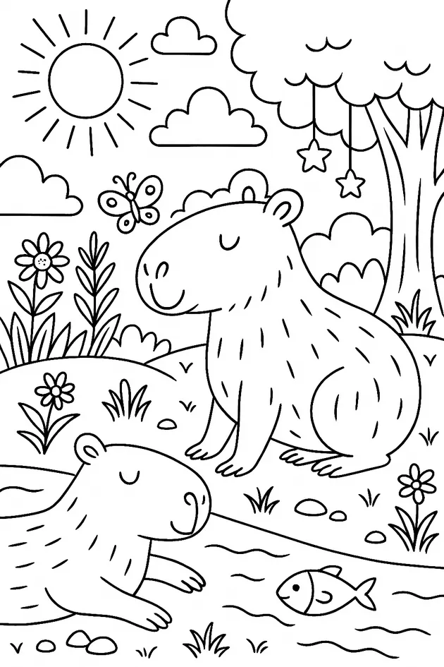 Kapibara nad rzeką spotyka rybkę