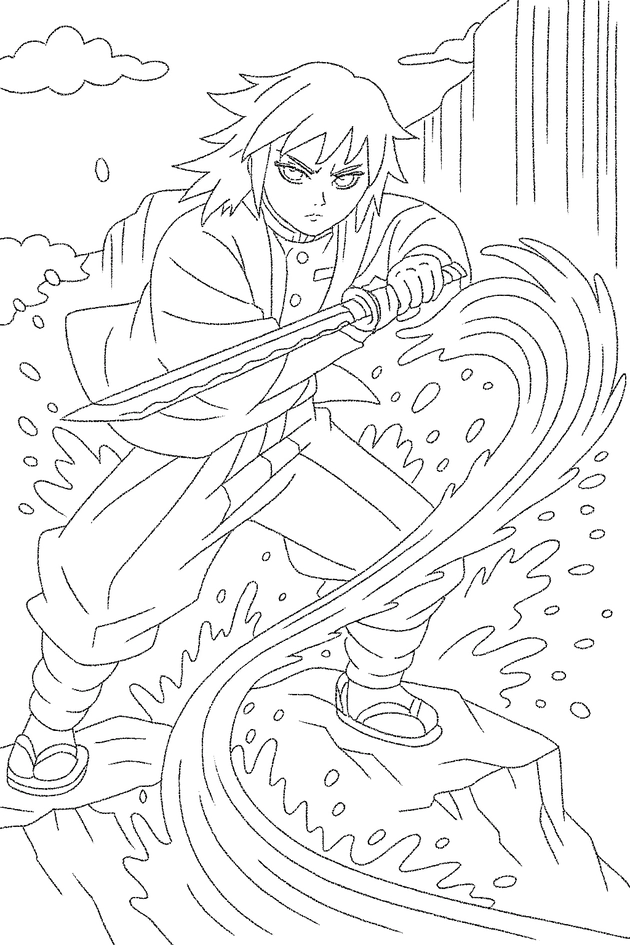 Giyu Tomioka nad wodospadem – spokojna scena z techniką oddechu wody, z efektem rozpryskującej wody.