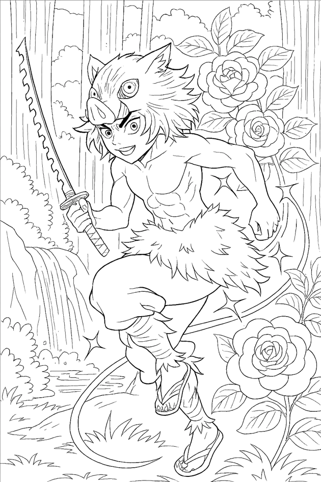 nosuke Hashibira z mieczami w dzikim lesie – kolorowanka do druku Demon Slayer Kimetsu no Yaiba