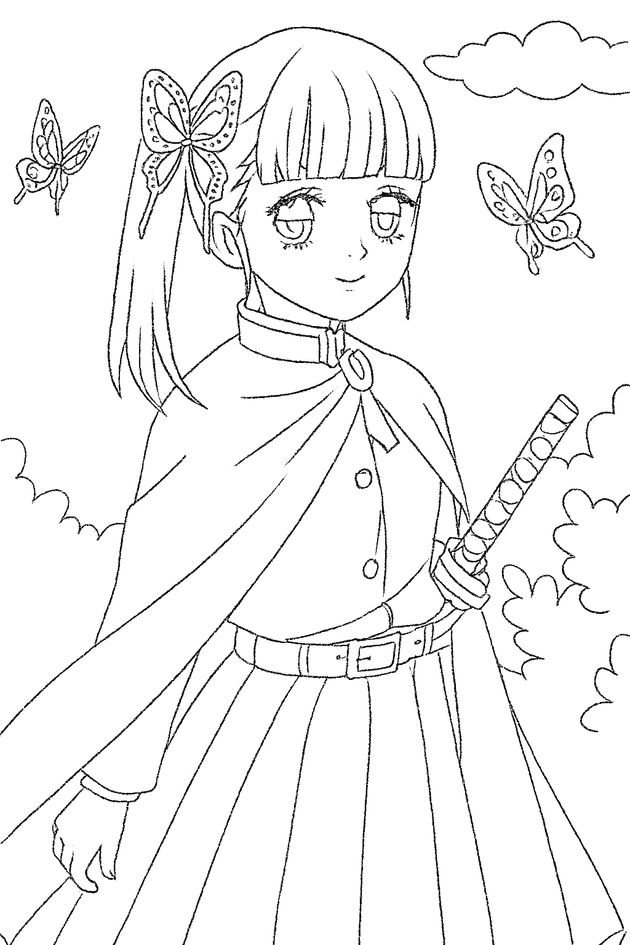 Kanao Tsuyuri z motylami – spokojna poza z mieczem, w otoczeniu unoszących się motyli. Delikatna scena z subtelnym ruchem i harmonią.