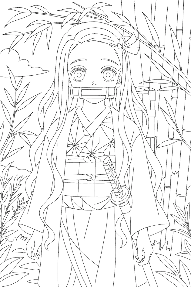 Nezuko w bambusowym lesie – kolorowanka do druku Demon Slayer Kimetsu no Yaiba