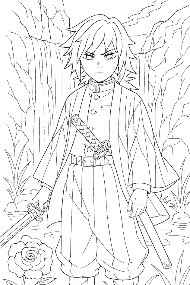 Giyu Tomioka z mieczem nad wodospadem – kolorowanka do druku Demon Slayer Kimetsu no Yaiba