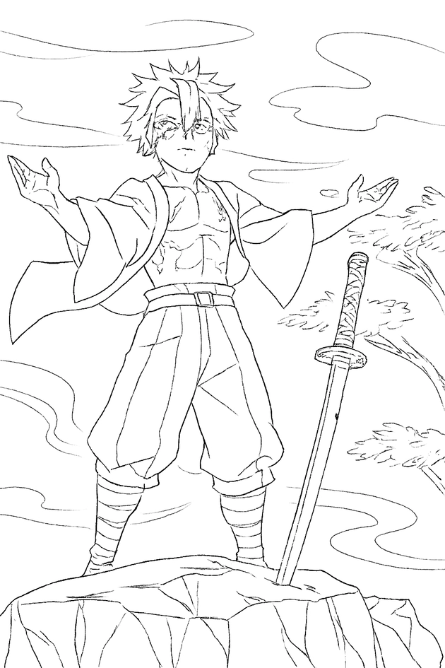 Sanemi Shinazugawa z efektem oddechu wiatru – kolorowanka do druku Demon Slayer Kimetsu no Yaiba