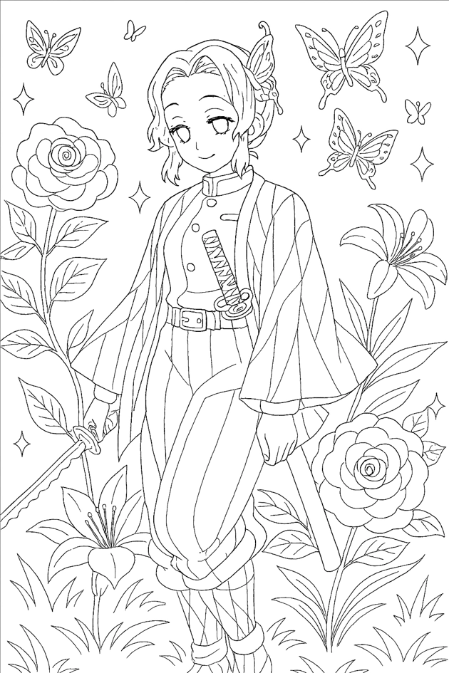 Shinobu Kocho z mieczem wśród motyli i kwiatów – kolorowanka do druku Demon Slayer Kimetsu no Yaiba