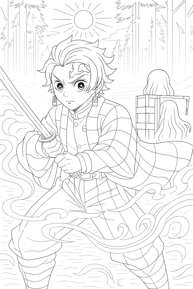Tanjiro Kamado z oddechem wody w lesie – kolorowanka do druku Demon Slayer Kimetsu no Yaiba
