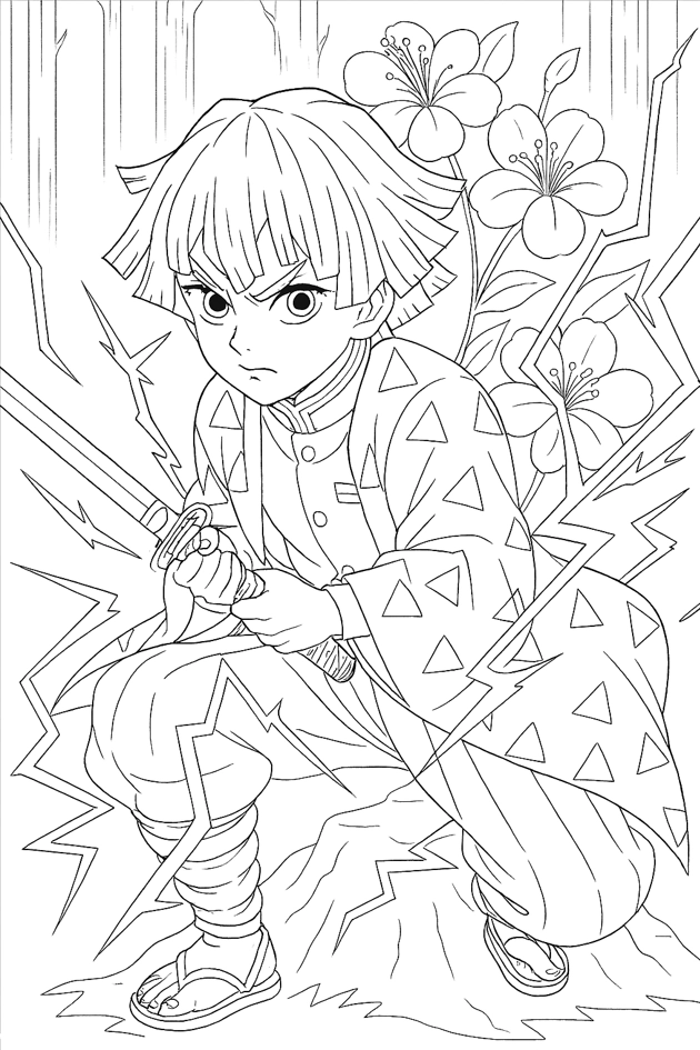 Zenitsu Agatsuma z oddechem błyskawicy – kolorowanka do druku Demon Slayer Kimetsu no Yaiba