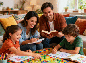 Rodzina bawiąca się offline – rodzice i dzieci wspólnie kreatywnie spędzają czas bez elektroniki, gry planszowe, rysowanie, książki