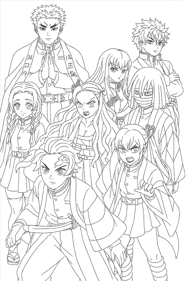 Ośmiu bohaterów Demon Slayer – kolorowanka do druku Kimetsu no Yaiba