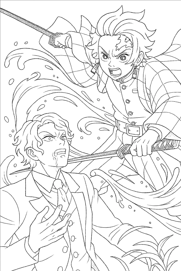 Tanjiro Kamado walczy z Muzanem Kibutsuji – kolorowanka do druku Demon Slayer Kimetsu no Yaiba