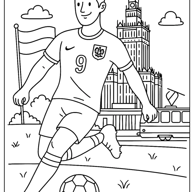 Piłkarz reprezentacji Polski wykonujący rozgrzewkę przed Pałacem Kultury w Warszawie – kolorowanka do druku
