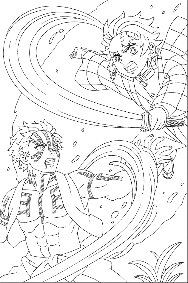 Tanjiro Kamado walczy z Akazą – kolorowanka do druku Demon Slayer Kimetsu no Yaiba
