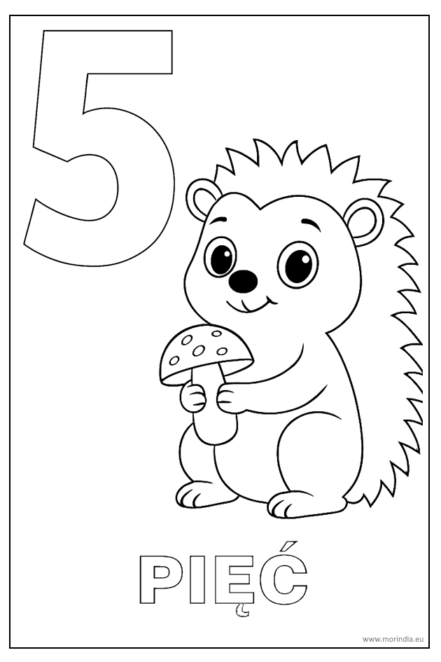 Kolorowanka 5 Jeżyk Julek z grzybkiem – edukacyjna ilustracja do nauki liczenia i kolorowania.