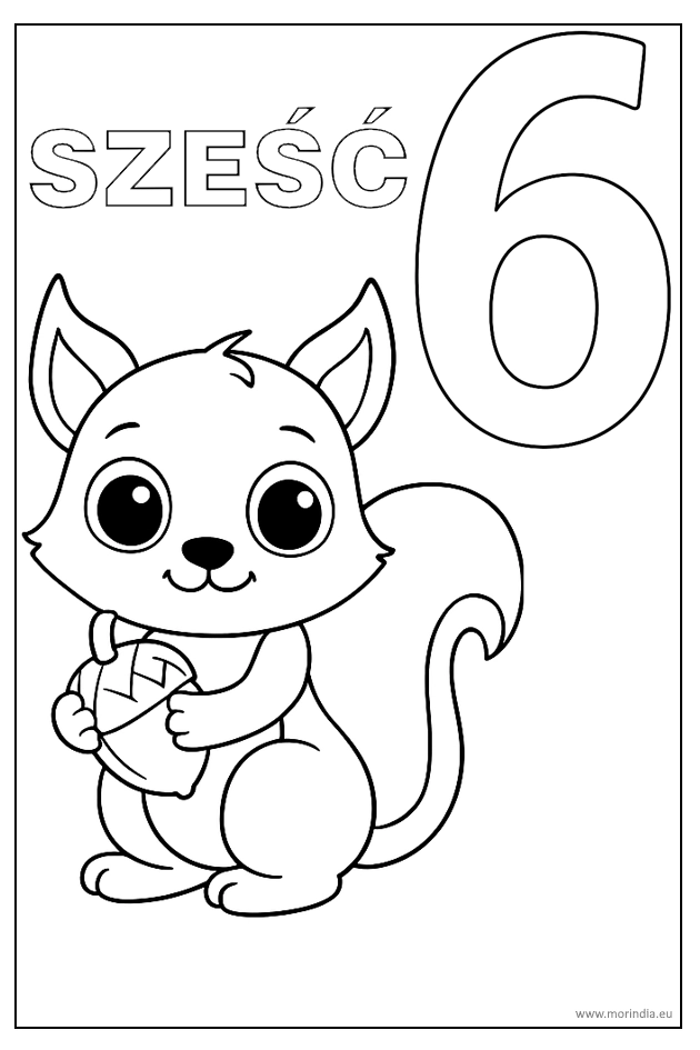Kolorowanka 6 Wiewiórka Wika z orzeszkiem – edukacyjna ilustracja do nauki liczenia i kolorowania.