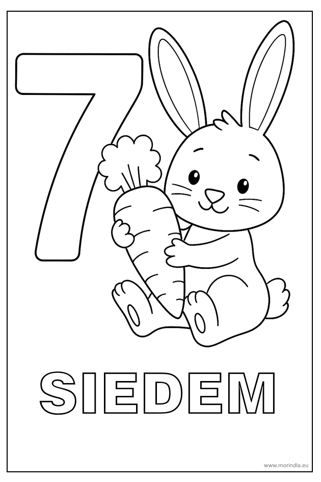 Kolorowanka 7 Króliczka Klara z marchewką – edukacyjna ilustracja do nauki liczenia i kolorowania.