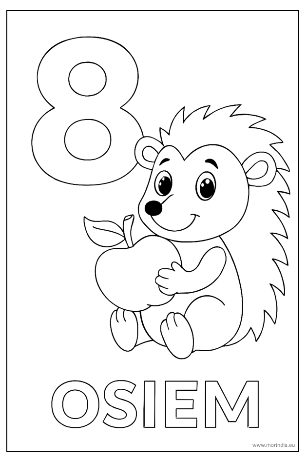 Kolorowanka edukacyjna – liczba 8 z Jeżykiem Julkiem i jabłkiem. Zadanie: pokoloruj cyfrę i bohatera.