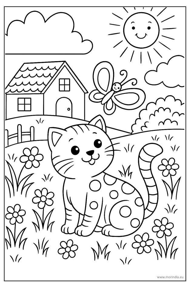 Kolorowanka koty – kotek na łące z motylem, domkiem i słońcem.